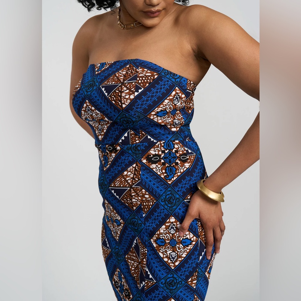 NWT Malaika Women's African Print Stretch Dress (Blue Tan Diamonds) - S